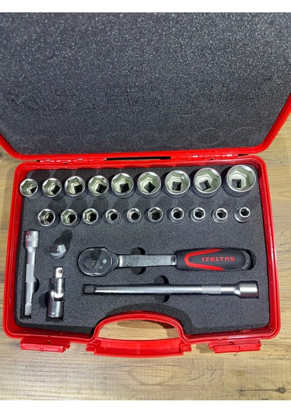 Izeltaş 24 Parça Lokma Anahtar Seti – 1/2” Lokma + Ratchet + Uzatma | Kırmızı Taşıma Çantalı