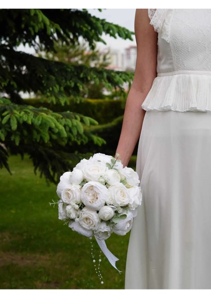 Gelin Buketi Gelin Çiçeği Nikah Çiçeği Kırık Beyaz Yapay Şakayık Gül Okaliptus Yaka Çiçeği Hediye fiyatları