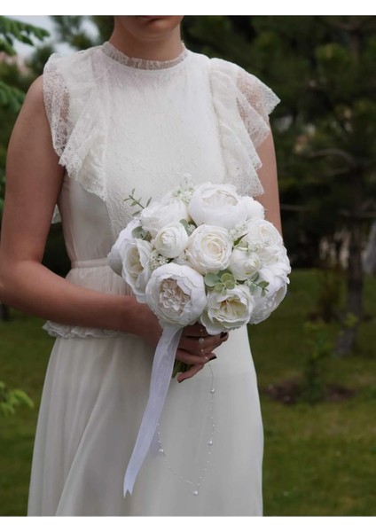 Gelin Buketi Gelin Çiçeği Nikah Çiçeği Kırık Beyaz Yapay Şakayık Gül Okaliptus Yaka Çiçeği Hediye modelleri