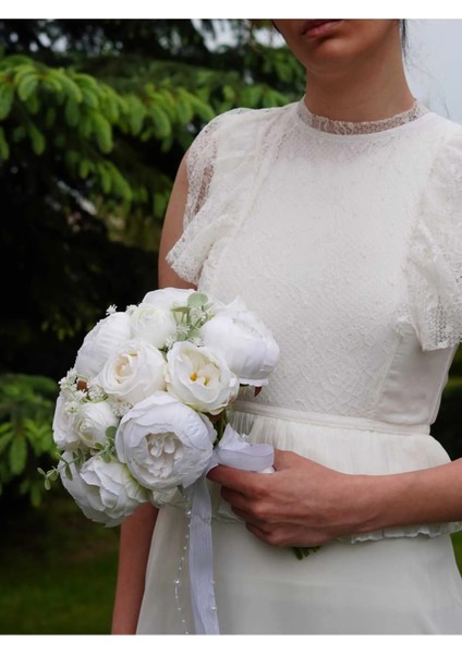 Gelin Buketi Gelin Çiçeği Nikah Çiçeği Kırık Beyaz Yapay Şakayık Gül Okaliptus Yaka Çiçeği Hediye fırsatları