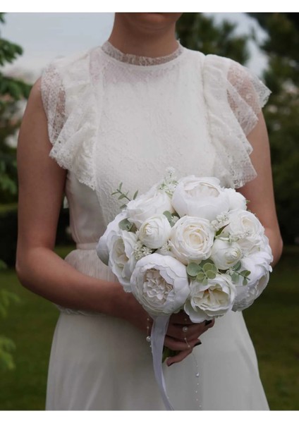 Gelin Buketi Gelin Çiçeği Nikah Çiçeği Kırık Beyaz Yapay Şakayık Gül Okaliptus Yaka Çiçeği Hediye indirimleri