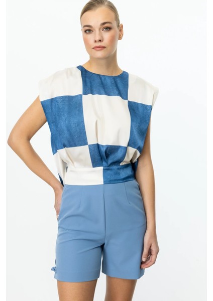 Arka Kısmı Bağlamalı Kareli Crop Bluz Mavı 03104 fiyatları