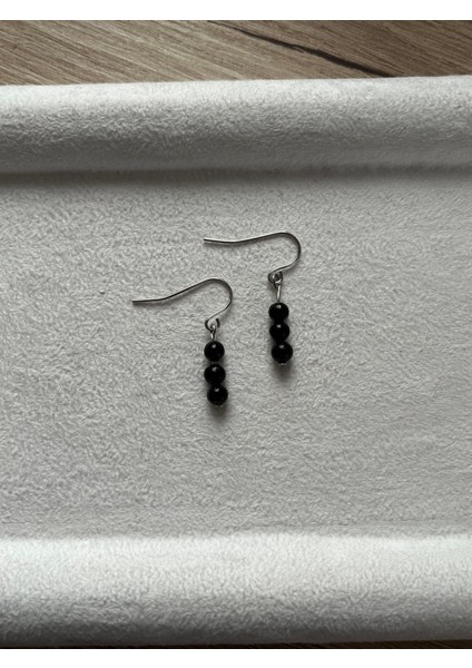 Minimal Şungit Taşı Gümüş Kaplama Sallantı Küpe