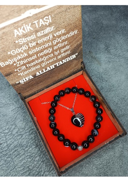 Akik Taşı Doğaltaş Kolye ve Bileklik Özel Kutuda Set