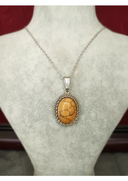 Akik Taşı Doğaltaş Gümüş Renk Kolye