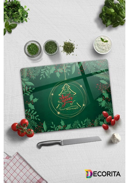 Cam Kesme Tahtası - Cam Kesme Tablası | Happy New Year - Yeşil | 30CM x 40CM