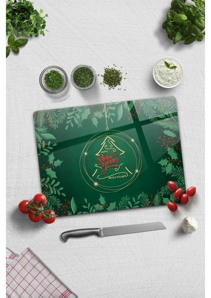 Cam Kesme Tahtası - Cam Kesme Tablası | Happy New Year - Yeşil | 30CM x 40CM fiyatları