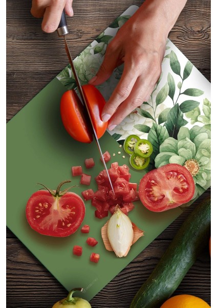 Cam Kesme Tahtası ve Sunumluk ve Sunum Tabağı Vintage Yeşil Çiçek 30X40 cm indirimleri