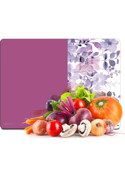 Cam Kesme Tahtası ve Sunumluk ve Sunum Tabağı Vintage Lila Çiçekler 30X40 cm