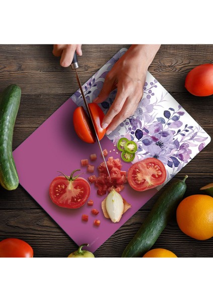 Cam Kesme Tahtası ve Sunumluk ve Sunum Tabağı Vintage Lila Çiçekler 30X40 cm indirimleri