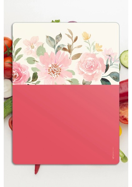 Cam Kesme Tahtası ve Sunumluk ve Sunum Tabağı Vintage Pembe Çiçek 30X40 cm
