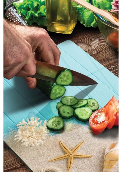 Turkuaz Yaz Görünümlü | Cam Kesme Tahtası - Kesim Tablası | 30 x 40 cm fırsatları