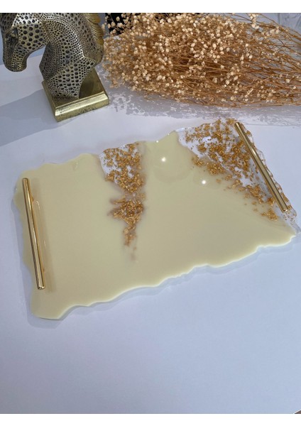 Krem Renkli Iki Kişilik Söz Nişan Damat Epoksi Sunum Tepsisi 34X20 CM. ebadında