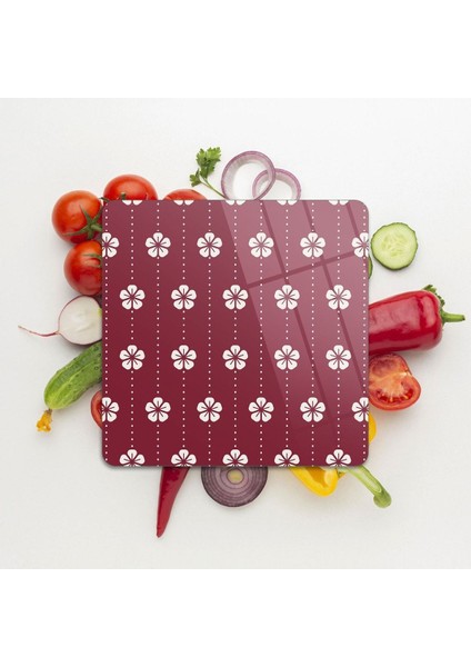 Cam Kesme Tahtası Kare Beyaz Çiçek Desenli 30 x 30 cm