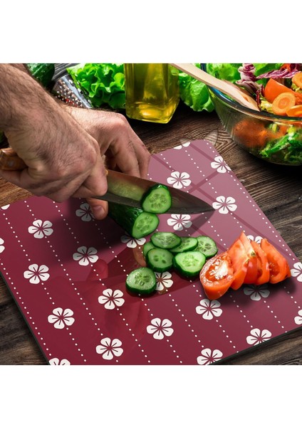 Cam Kesme Tahtası Kare Beyaz Çiçek Desenli 30 x 30 cm modelleri