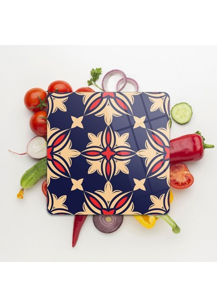Cam Kesme Tahtası Kare Lacivert Çini Desenli 30 x 30 cm