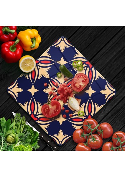 Cam Kesme Tahtası Kare Lacivert Çini Desenli 30 x 30 cm modelleri