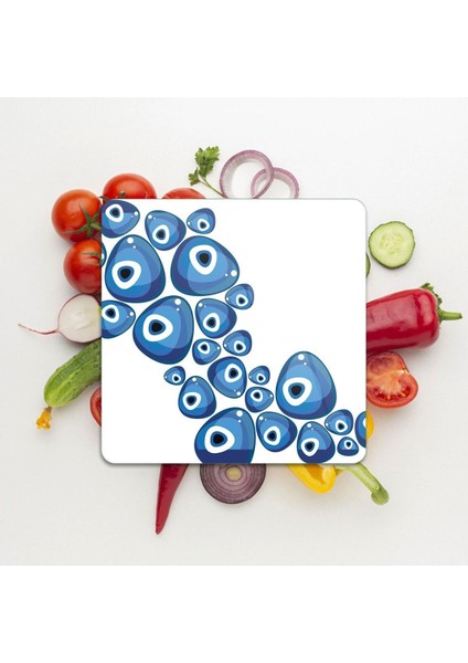 Cam Kesme Tahtası Kare Nazar Boncuğu Beyaz Zeminli