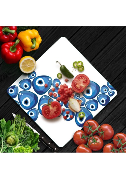 Cam Kesme Tahtası Kare Nazar Boncuğu Beyaz Zeminli fiyatları