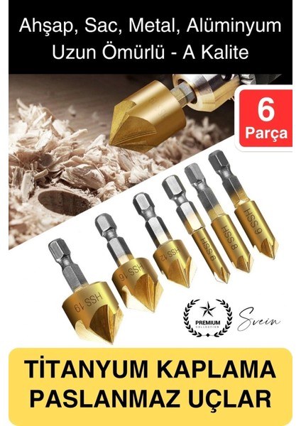 Premium Titanyum Kaplama 6'lı Kırılmaz Uçlu Paslanmaz Ahşap Sac Metal Havşa Açma Matkap Uç Seti