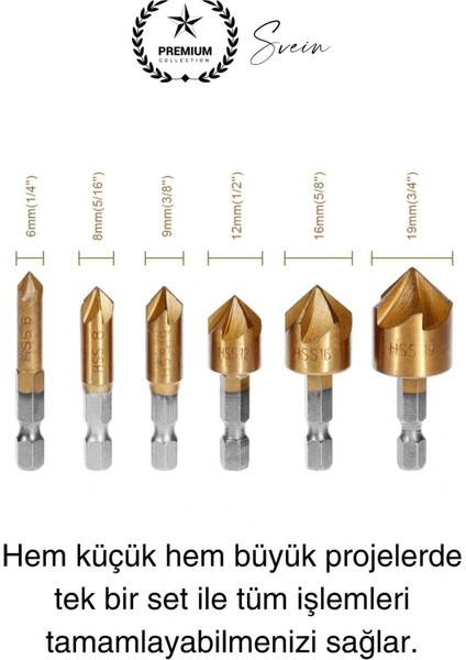 Premium Titanyum Kaplama 6'lı Kırılmaz Uçlu Paslanmaz Ahşap Sac Metal Havşa Açma Matkap Uç Seti