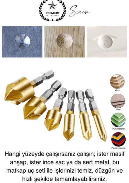 Premium Titanyum Kaplama 6'lı Kırılmaz Uçlu Paslanmaz Ahşap Sac Metal Havşa Açma Matkap Uç Seti