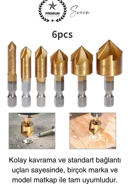 Premium Titanyum Kaplama 6'lı Kırılmaz Uçlu Paslanmaz Ahşap Sac Metal Havşa Açma Matkap Uç Seti