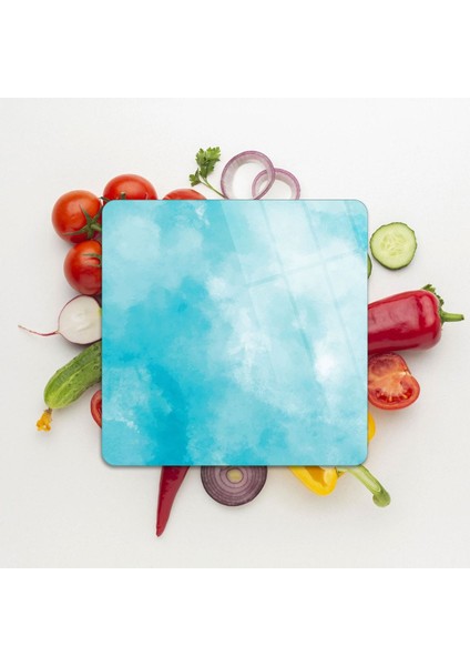 Cam Kesme Tahtası Kare Mavi Bulut Desenli