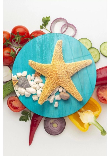 Cam Kesme Tahtası Yuvarlak Turkuaz Deniz Yıldızı Desenli