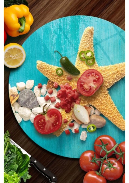 Cam Kesme Tahtası Yuvarlak Turkuaz Deniz Yıldızı Desenli fiyatları