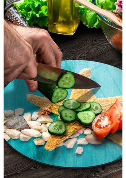 Cam Kesme Tahtası Yuvarlak Turkuaz Deniz Yıldızı Desenli modelleri