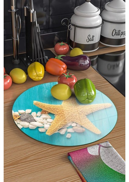 Cam Kesme Tahtası Yuvarlak Turkuaz Deniz Yıldızı Desenli indirimleri