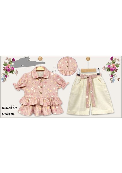 Bayramlık Müslin Gömlek Keten Kaprili Kız Çocuk Takım