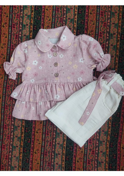 Bayramlık Müslin Gömlek Keten Kaprili Kız Çocuk Takım fiyatları
