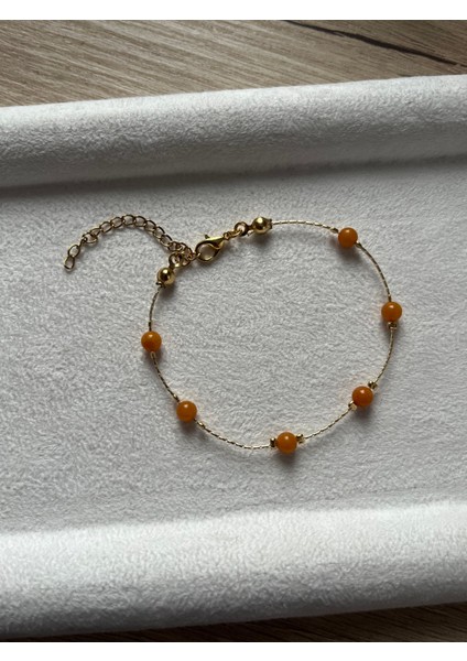 Minimal Kehribar Taşı Altın Kaplama Bileklik