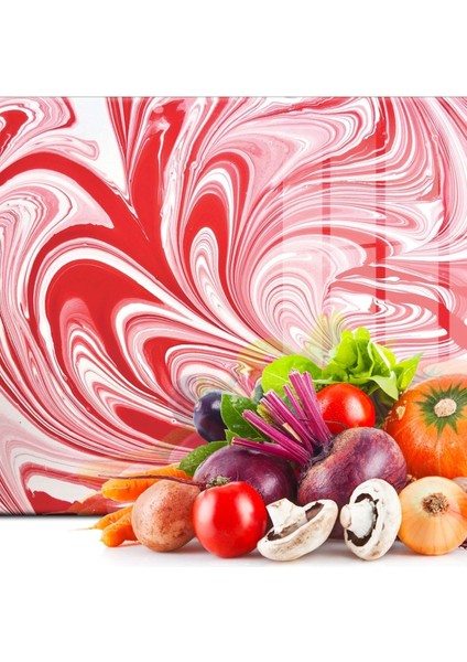 Kırmızı Ebru Deseni Görünümlü | Cam Kesme Tahtası - Kesim Tablası, 30X40 cm