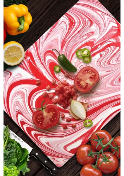 Kırmızı Ebru Deseni Görünümlü | Cam Kesme Tahtası - Kesim Tablası, 30X40 cm modelleri