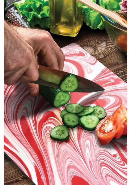 Kırmızı Ebru Deseni Görünümlü | Cam Kesme Tahtası - Kesim Tablası, 30X40 cm fırsatları