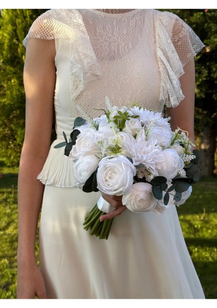 Gelin Buketi Nişan Çiçeği Nikah El Çiçeği Beyaz Yapay Karışık Çiçekler Okaliptus Yaka Çiçeği Hediye