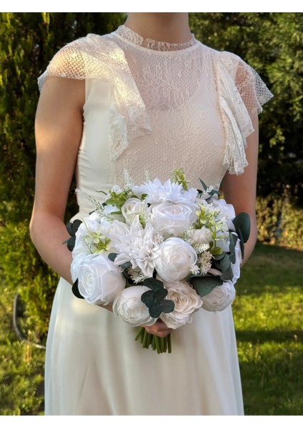 Gelin Buketi Nişan Çiçeği Nikah El Çiçeği Beyaz Yapay Karışık Çiçekler Okaliptus Yaka Çiçeği Hediye fiyatları