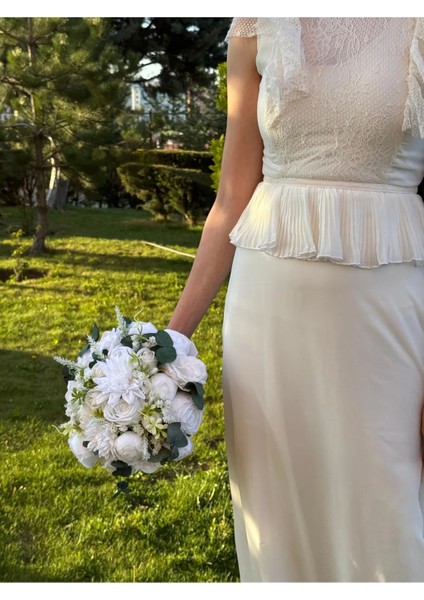 Gelin Buketi Nişan Çiçeği Nikah El Çiçeği Beyaz Yapay Karışık Çiçekler Okaliptus Yaka Çiçeği Hediye modelleri