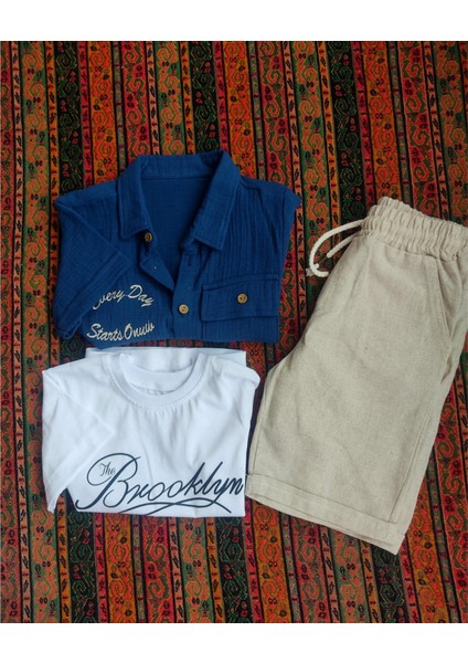Erkek Çocuk 3'lü Tşört Müslin Gömlek Keten Kapri