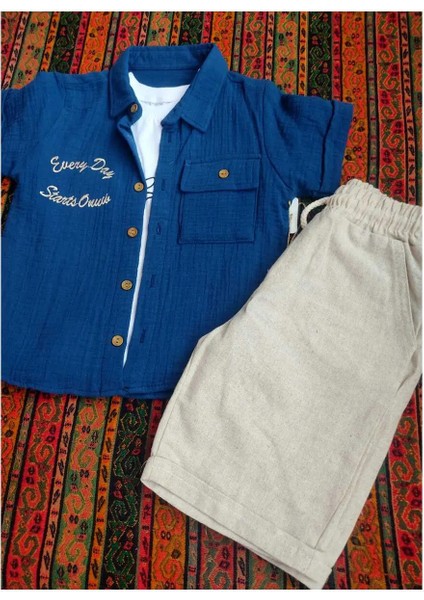 Erkek Çocuk 3'lü Tşört Müslin Gömlek Keten Kapri fiyatları