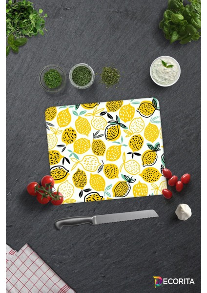 Sarı Limonlar | Cam Kesme Tahtası - Cam Kesme Tablası | 29 cm x 34 cm