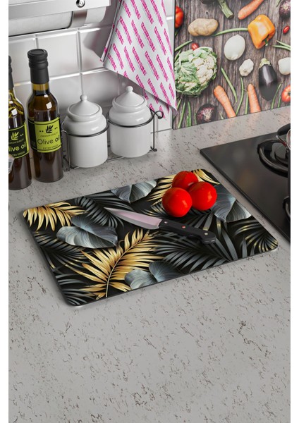 Cam Kesme Tahtası ve Sunum Tablası Siyah Gold Çiçek Desenli modelleri