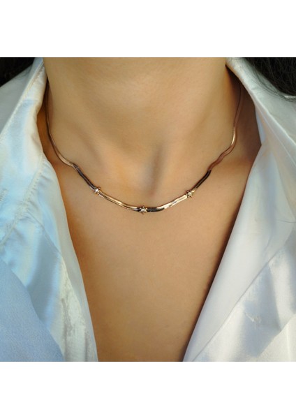 Nova Riva Rose Gold Renkli Üç Taşlı Çiçek Figürlü Italyan Zincir Kadın Kolye | Paslanmaz Çelik fiyatları