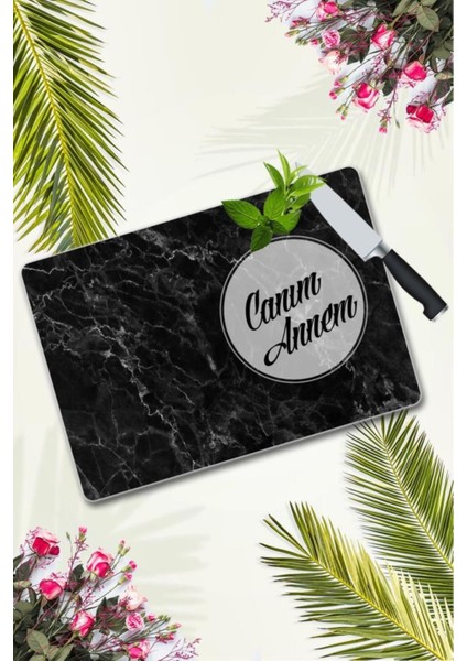 30X40 cm Cam Kesme Tahtası Canım Annem Siyah Mermer