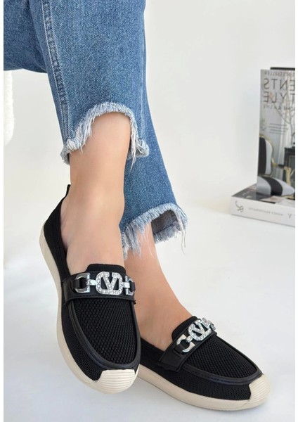 Wata Siyah Önü Tokalı Oval Burun Triko Ortopedik Kokulu Termo Taban Babet Ayakkabı