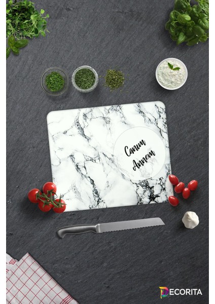 Canım Annem | Beyaz Mermer Görünümlü | Cam Kesme Tahtası | 29CM x 34CM