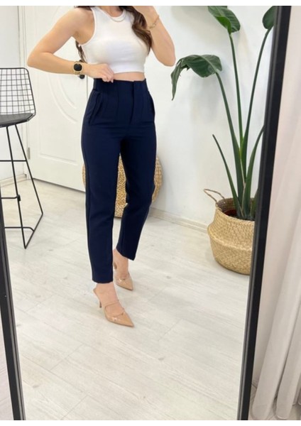 Lacivert Yüksek Bel Krep Kumaş Havuç Pantolon